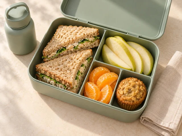 Imagen ilustrativa de una lonchera con sándwiches, pera, mandarina y un muffin