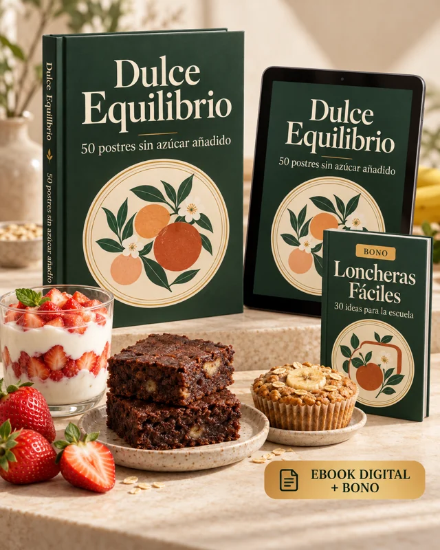 Mockup del ebook Dulce Equilibrio en libro y tablet, junto al bono Loncheras Fáciles