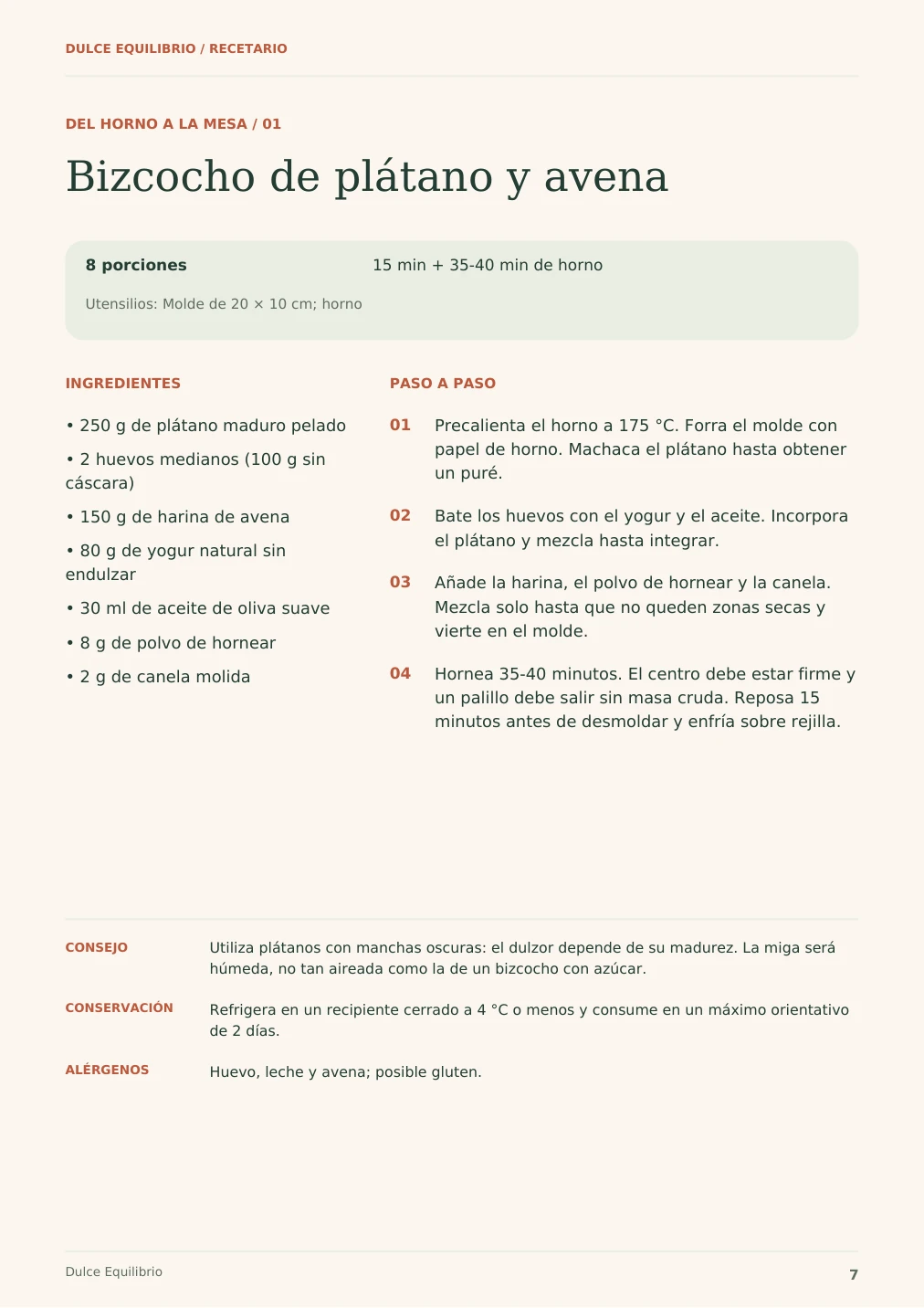 Página real del ebook: bizcocho de plátano y avena, ingredientes y cuatro pasos de preparación